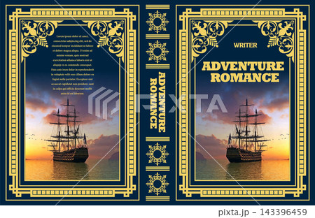 Adventure romance book cover featuring a sailing ship at sunset. No AI 143396459