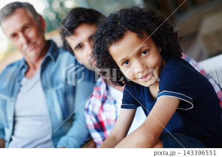 Family, men and smile on portrait in home with bonding, support and care for child development. People, kid and smile in chair for memories, fun and growth as family together for love and trust 143396551