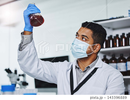 Man, face mask and laboratory with chemical beaker, liquid and bottle for scientific research for medical innovation. Healthcare, professional and solution for experiment, gloves and biotechnology Man, face mask and laboratory with chemical beaker, liquid and bottle for scientific research for medical innovation. Healthcare, professional and solution for experiment, gloves and biotechnology 143396889