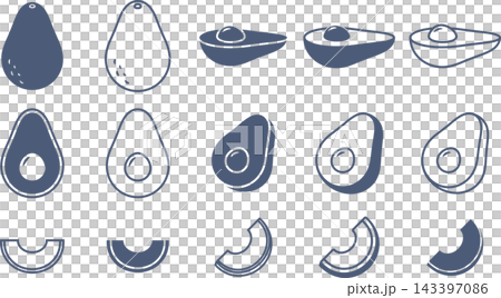 A set of icon materials featuring avocados cut into various shapes. A set of icon materials featuring avocados cut into various shapes. 143397086