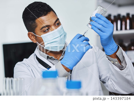 Healthcare, doctor and face mask with vial for vaccination, flu shot or booster injection in hospital. Man, medical professional and syringe with gloves for virus prevention and disease protection Healthcare, doctor and face mask with vial for vaccination, flu shot or booster injection in hospital. Man, medical professional and syringe with gloves for virus prevention and disease protection 143397184