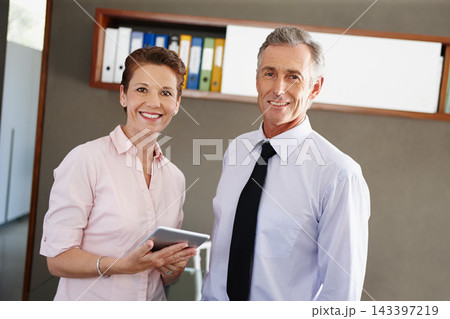 Portrait and business people in office with tablet for research, teamwork and collaboration with planning for solution on project. Corporate, man and secretary for support, networking and schedule Portrait and business people in office with tablet for research, teamwork and collaboration with planning for solution on project. Corporate, man and secretary for support, networking and schedule 143397219