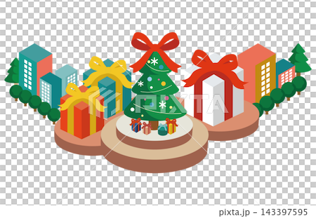 Christmas tree, presents, cityscape, isometric illustration, background, no people, winter, design, material. 143397595