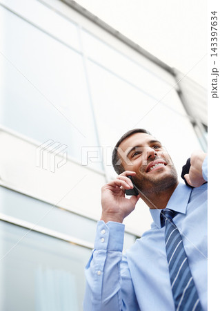 Phone call, walking or happy businessman by building talking for conversation or deal communication. Outdoor, proud banker and financial advisor networking for investment, negotiation or news chat 143397634