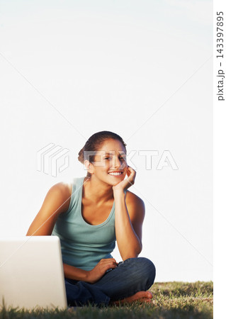 Portrait, smile and woman on lawn with laptop for internet research, scholarship and studying for assessment. Computer, happy and student girl on grass with online class for education and information Portrait, smile and woman on lawn with laptop for internet research, scholarship and studying for assessment. Computer, happy and student girl on grass with online class for education and information 143397895