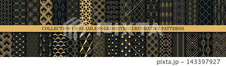 Collection of art deco seamless luxury geometric ornamental dark patterns. Royal gold art deco repeatable elegant backgrounds. Vintage prints 143397927