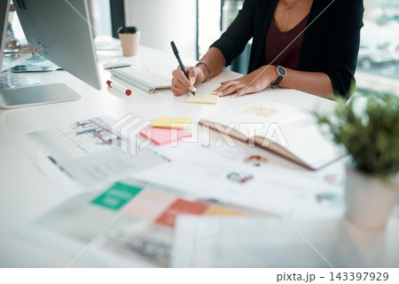 Document, notes and hands of person with market research, report and review of info on desk. Office, notebook and woman writing reminder for paperwork, data analysis and planning with charts of stats Document, notes and hands of person with market research, report and review of info on desk. Office, notebook and woman writing reminder for paperwork, data analysis and planning with charts of stats 143397929