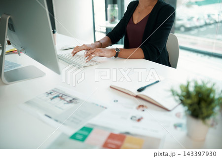 Business woman, computer and documents in office for work, typing or planning with notebook. Project manager, technology and paperwork in workplace for administration, kpi and management with company 143397930