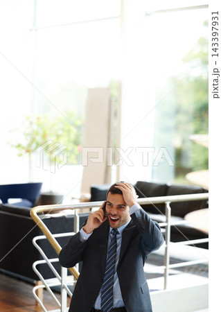Phone call, wow or excited businessman in office talking project, conversation or deal communication. Success, winner or happy financial advisor networking for investment, negotiation or good news 143397931