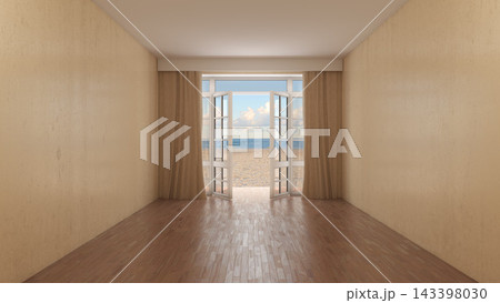 Empty Room With Open French Window Overlooking Sunny Beach 143398030