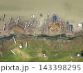Aerial View of Reservoir Shoreline with Small Boats and Exposed Floodplain 143398295