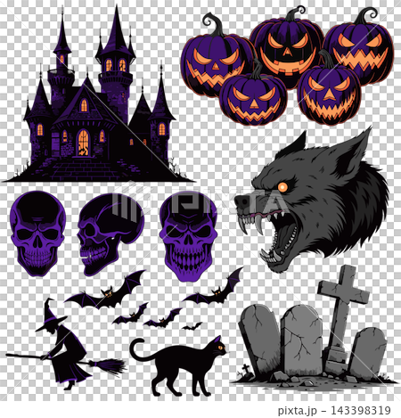The image shows a set of purple and dark-themed Halloween vector illustrations and graphic elements The image shows a set of purple and dark-themed Halloween vector illustrations and graphic elements 143398319