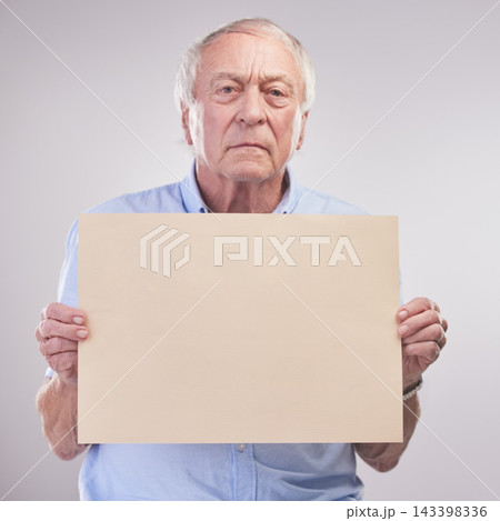 Sign, mockup and senior man with poster with pension info or retirement in white background. Elderly, portrait and stress with advice on cardboard in studio for opinion feedback, announcement or news Sign, mockup and senior man with poster with pension info or retirement in white background. Elderly, portrait and stress with advice on cardboard in studio for opinion feedback, announcement or news 143398336