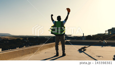 Back, engineer and fist pump at site for construction, good news and foundation success of project. Space, man or raised hands on rooftop for celebration, pass inspection and architecture achievement Back, engineer and fist pump at site for construction, good news and foundation success of project. Space, man or raised hands on rooftop for celebration, pass inspection and architecture achievement 143398381