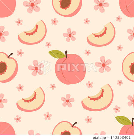 Handdrawn peach and blossom seamless pattern with ripe fruit slices Handdrawn peach and blossom seamless pattern with ripe fruit slices 143398401