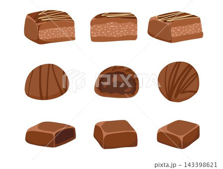 Chocolate candies set. Homemade dessert with milk and dark chocolate and nuts. Vector hand drawn illustration for packaging, confectionery branding, sweet recipes, stickers, print Chocolate candies set. Homemade dessert with milk and dark chocolate and nuts. Vector hand drawn illustration for packaging, confectionery branding, sweet recipes, stickers, print 143398621