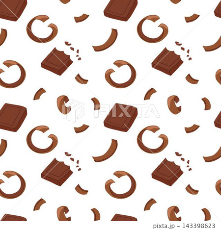 Broken dark chocolate bars and chocolate chips on white background. Vector sweet food illustration for wrapping paper, packaging, confectionery branding Broken dark chocolate bars and chocolate chips on white background. Vector sweet food illustration for wrapping paper, packaging, confectionery branding 143398623