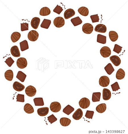 Round frame made of assorted chocolate candies, truffles and squares on white background. Vector sweet confectionery illustration for packaging design, cafe menu and branding with copy space Round frame made of assorted chocolate candies, truffles and squares on white background. Vector sweet confectionery illustration for packaging design, cafe menu and branding with copy space 143398627