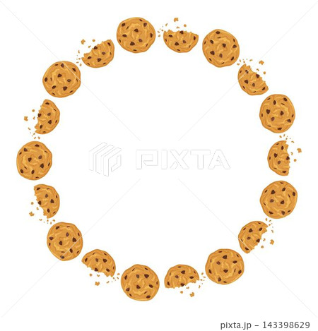 Round frame made of chocolate chip cookies isolated on white background. Vector sweet bakery cartoon hand drawn illustration for packaging design, menu labels, stickers, branding with copy space Round frame made of chocolate chip cookies isolated on white background. Vector sweet bakery cartoon hand drawn illustration for packaging design, menu labels, stickers, branding with copy space 143398629