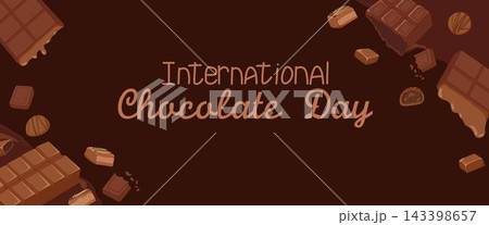 Chocolate day horizontal banner frame with chocolate bars and sweet candies on dark background. Vector hand drawn cartoon illustration for packaging design, menu, web with copy space Chocolate day horizontal banner frame with chocolate bars and sweet candies on dark background. Vector hand drawn cartoon illustration for packaging design, menu, web with copy space 143398657