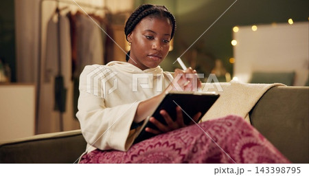 Relax, drawing and black woman on couch with tablet for creative ideas, work from home and fashion. Small business, software and girl on sofa with digital app for design, sketch or online inspiration Relax, drawing and black woman on couch with tablet for creative ideas, work from home and fashion. Small business, software and girl on sofa with digital app for design, sketch or online inspiration 143398795