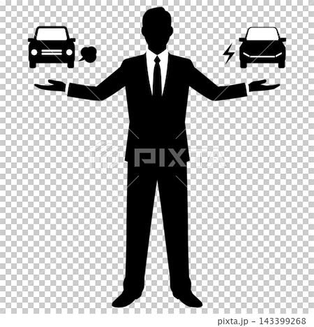 一位男商人正在比較汽油車和電動車。 一位男商人正在比較汽油車和電動車。 143399268