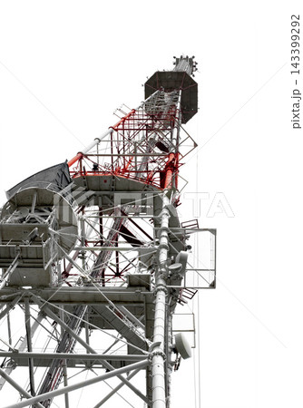 Telecommunications Tower with Antennas on White Sky Background Telecommunications Tower with Antennas on White Sky Background 143399292