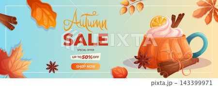 Autumn sale banner with cozy pumpkin spice drink, cinnamon, leaves, handwritten text. Cartoon horizontal vector illustration, warm blue and orange palette. Perfect for social media, web, promo, poster Autumn sale banner with cozy pumpkin spice drink, cinnamon, leaves, handwritten text. Cartoon horizontal vector illustration, warm blue and orange palette. Perfect for social media, web, promo, poster 143399971