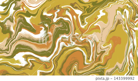 Abstract olive green, brown and white wavy marble effect background. Colorful digital watercolor paint texture with nature earth colors flowing waves and lines for contemporary design, liquid texture 143399992