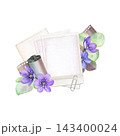 Purple hepatica flowers, botanical leaves, photo frames, film roll, deckle-edge paper and paper clip. Hand-painted watercolor illustration for scrapbooking, photography, stationery, cards 143400024