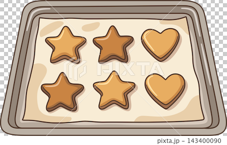 Freshly Baked Star and Heart Shaped Cookies on Baking Sheet Illustration, Homemade Bakery Pan Freshly Baked Star and Heart Shaped Cookies on Baking Sheet Illustration, Homemade Bakery Pan 143400090