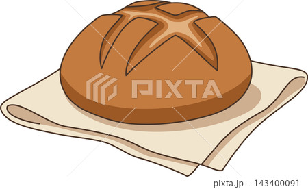 Freshly Baked Artisan Round Bread Loaf Illustration, Homemade Sourdough Boule on Cloth Napkin Isolated for Bakery Logo, Menu, and Recipe Design Freshly Baked Artisan Round Bread Loaf Illustration, Homemade Sourdough Boule on Cloth Napkin Isolated for Bakery Logo, Menu, and Recipe Design 143400091