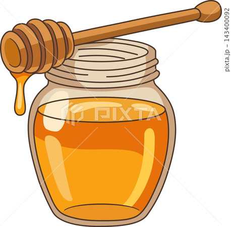 Fresh Honey Glass Jar Illustration, Golden Liquid Honey with Wooden Dipper Stick Isolated for Food Packaging, Bakery, and Breakfast Design 143400092