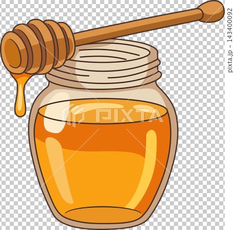 Fresh Honey Glass Jar Illustration, Golden Liquid Honey with Wooden Dipper Stick Isolated for Food Packaging, Bakery, and Breakfast Design 143400092