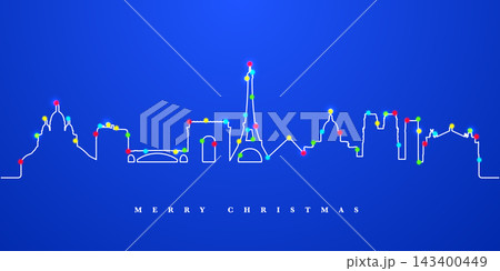 Paris skyline formed by a glowing string of colorful lights 143400449