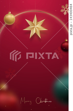 Golden star shines above colorful ornaments on rich red backdrop, festive spirit 143400464