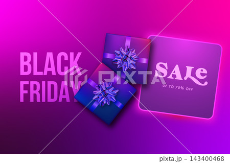 Vibrant Black Friday sale image featuring colorful gifts and bold discount text 143400468