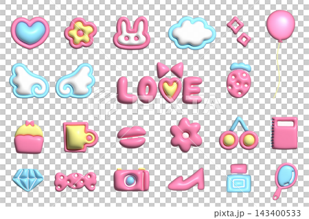 A set of three-dimensional sticker-style illustrations with a girly feel. A set of three-dimensional sticker-style illustrations with a girly feel. 143400533