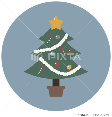 丸い下地付きカラフルなクリスマスツリーのアイコンイラスト / 緑と赤のクリスマス素材 丸い下地付きカラフルなクリスマスツリーのアイコンイラスト / 緑と赤のクリスマス素材 143400766