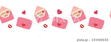 Love letters and hearts seamless border frame. Valentine day decor. Cute flat vector illustration for banners, packaging design, print, adhesive tape, washi tape, stripe for scrapbook design Love letters and hearts seamless border frame. Valentine day decor. Cute flat vector illustration for banners, packaging design, print, adhesive tape, washi tape, stripe for scrapbook design 143400838