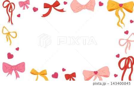Valentine Day horizontal banner with whimsical bows and hearts on white. Cute frame with blank copy space. Vector illustration for cards, posters, packaging, invitations Valentine Day horizontal banner with whimsical bows and hearts on white. Cute frame with blank copy space. Vector illustration for cards, posters, packaging, invitations 143400845