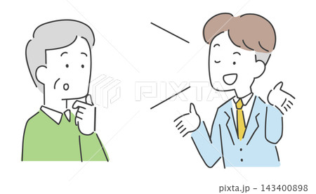 営業の男性の話を聞く中年男性のイラスト 営業の男性の話を聞く中年男性のイラスト 143400898