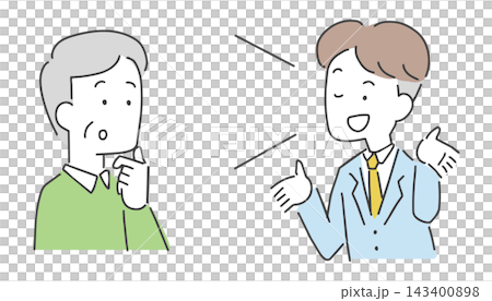 営業の男性の話を聞く中年男性のイラスト 営業の男性の話を聞く中年男性のイラスト 143400898