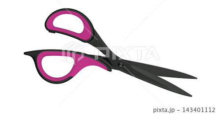 Open black and yellow office scissors isolated on white background 143401112