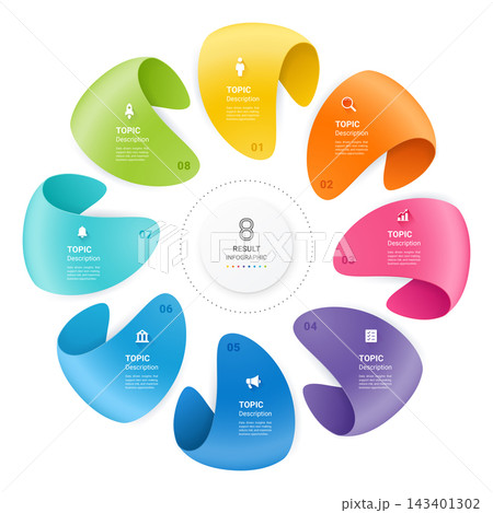 Modern 3D Circular Steps Ribbon Infographic Template for Business Result Concept Colorful Folded Ribbon Shapes Clean Vector Background. Modern 3D Circular Steps Ribbon Infographic Template for Business Result Concept Colorful Folded Ribbon Shapes Clean Vector Background. 143401302