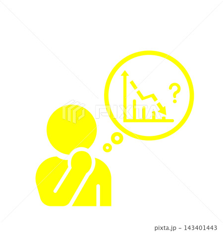 数値の低下について悩む人物と棒グラフのピクトグラム(黄色) 数値の低下について悩む人物と棒グラフのピクトグラム(黄色) 143401443