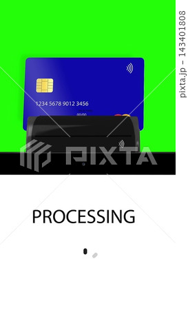 Vertical video. Payment by bank card on pos terminal. Transaction accepted. Payment terminal money transaction. 3d animation. 143401808