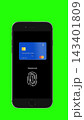 Vertical video. 3d render animation payment by bank card on smartphone pos terminal. Payment terminal money transaction green screen background. 143401809