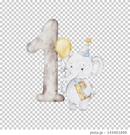 Watercolor Number 1 and cute elephant in party hat with yellow gift box and balloon. Monthly one milestone card and Cat illustration isolated on transparent background for birthday design. Watercolor Number 1 and cute elephant in party hat with yellow gift box and balloon. Monthly one milestone card and Cat illustration isolated on transparent background for birthday design. 143401899