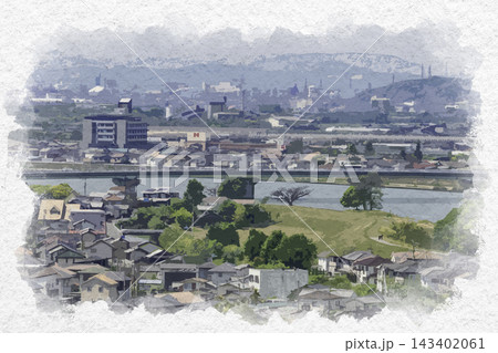 水彩画風 西大寺市街地 永安橋 岡山県岡山市 水彩画風 西大寺市街地 永安橋 岡山県岡山市 143402061